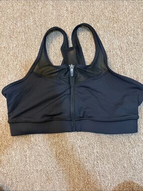Handful Front-Zip Black Sports Bra with Mesh Panel High Impact